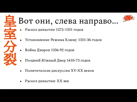 Раскол династии 1272-1331 годов Установление Режима Кэмму 1331-36 годов Война Дворов 1336-92