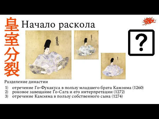 Начало раскола 皇 室 分 裂 Разделение династии отречение Го-Фукакуса в пользу