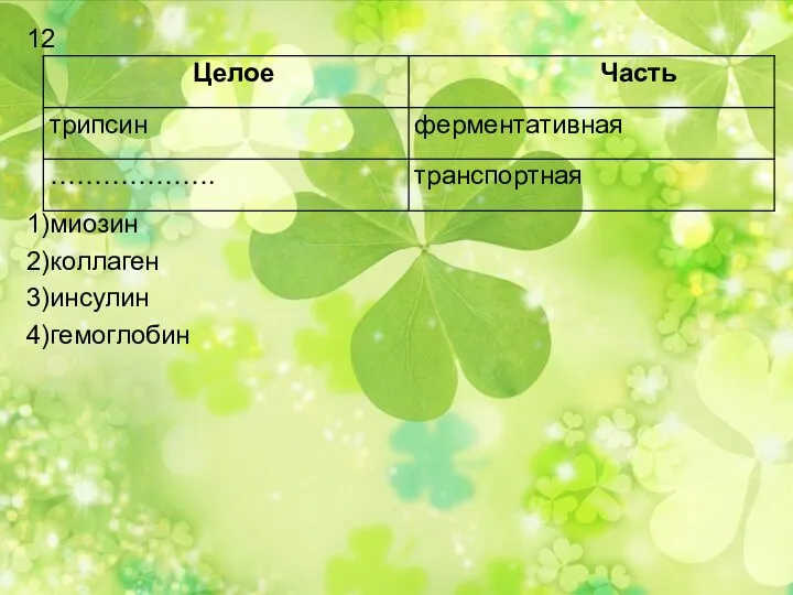 12 1)миозин 2)коллаген 3)инсулин 4)гемоглобин