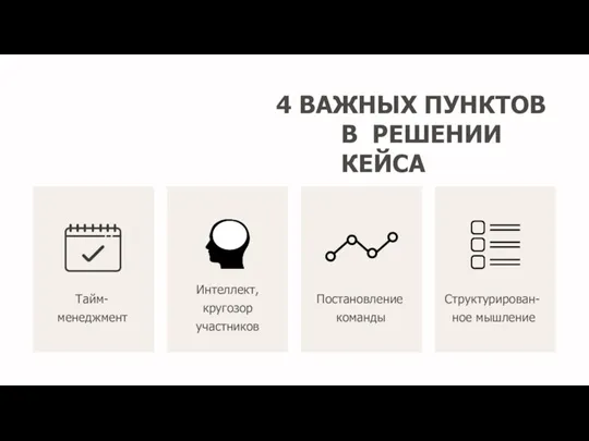 4 ВАЖНЫХ ПУНКТОВ В РЕШЕНИИ КЕЙСА Тайм- менеджмент Интеллект, кругозор участников Структурирован- ное мышление Постановление команды