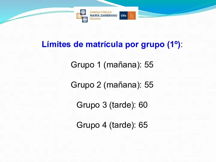 Límites de matrícula por grupo (1º): Grupo 1 (mañana): 55 Grupo 2