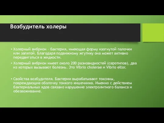 Возбудитель холеры Холерный вибрион – бактерия, имеющая форму изогнутой палочки или запятой.