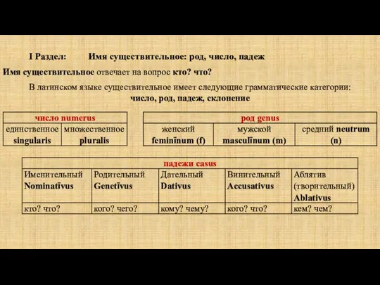 I Раздел: Имя существительное: род, число, падеж Имя существительное отвечает на вопрос