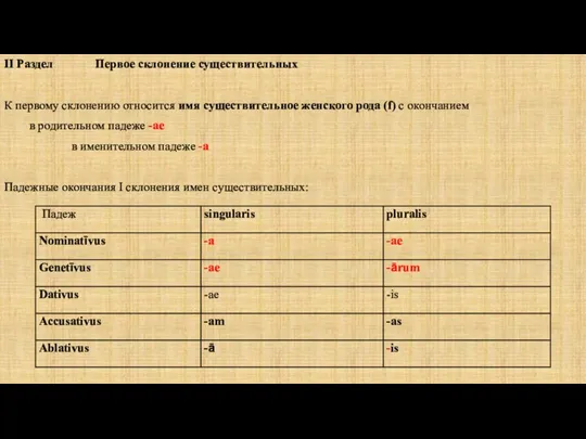 II Раздел Первое склонение существительных К первому склонению относится имя существительное женского