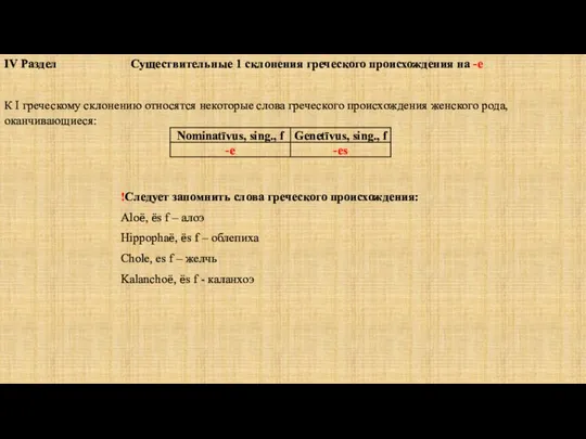 IV Раздел Существительные 1 склонения греческого происхождения на -e К I греческому