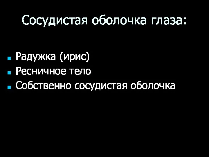 Сосудистая оболочка глаза: Радужка (ирис) Ресничное тело Собственно сосудистая оболочка