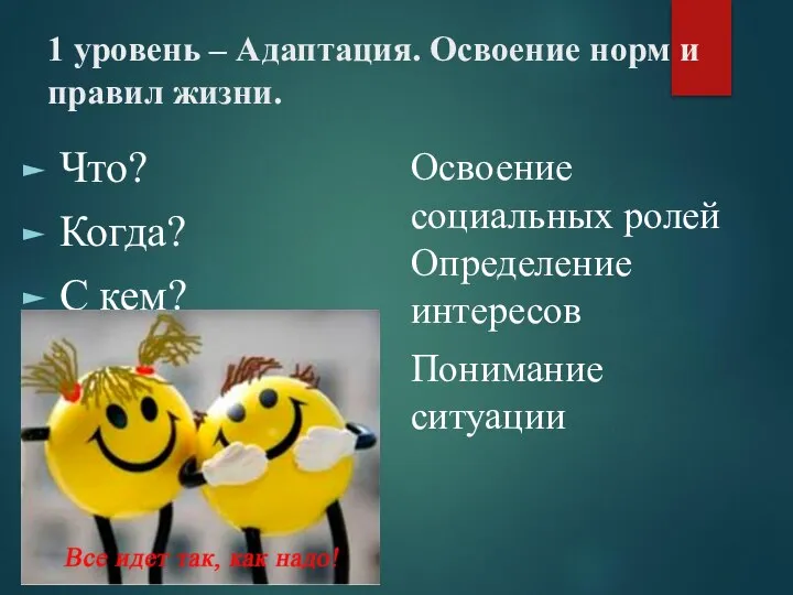 1 уровень – Адаптация. Освоение норм и правил жизни. Что? Когда? С