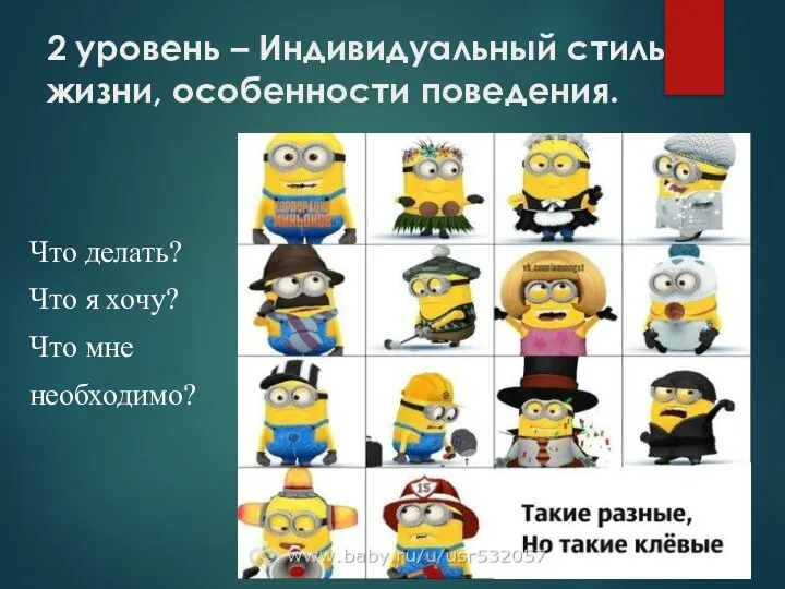 2 уровень – Индивидуальный стиль жизни, особенности поведения. Что делать? Что я хочу? Что мне необходимо?