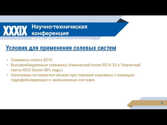 5 XXXIX Научно-техническая конференция ПАО «Сургутнефтегаз Условия для применения солевых систем Скважины