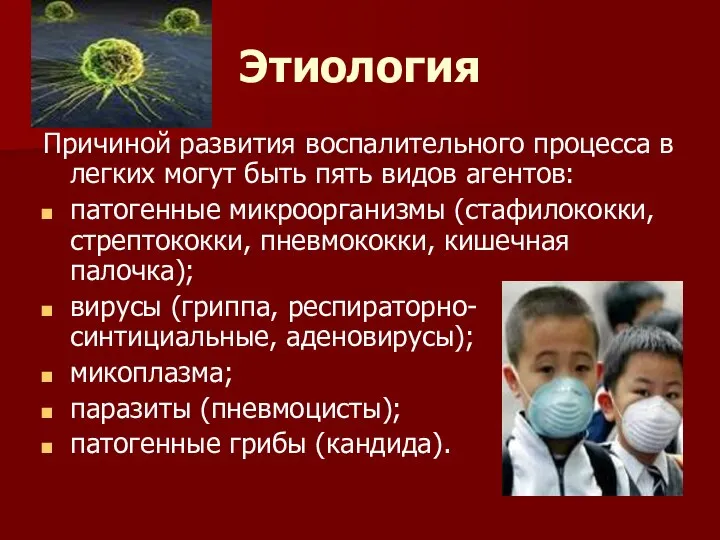 Этиология Причиной развития воспалительного процесса в легких могут быть пять видов агентов: