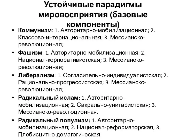 Устойчивые парадигмы мировосприятия (базовые компоненты) Коммунизм: 1. Авторитарно-мобилизационная; 2. Классово-интернациональная; 3. Мессианско-революционная;