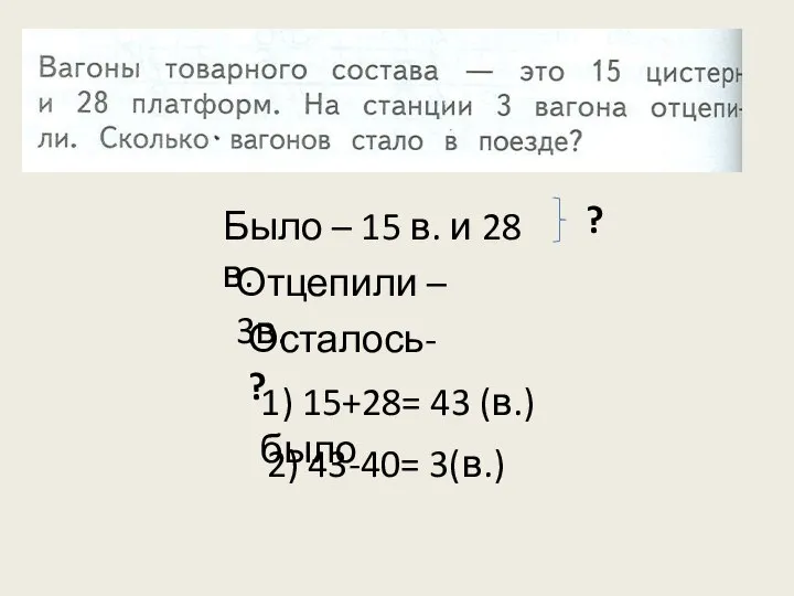 Было – 15 в. и 28 в. Отцепили – 3в. Осталось- ?