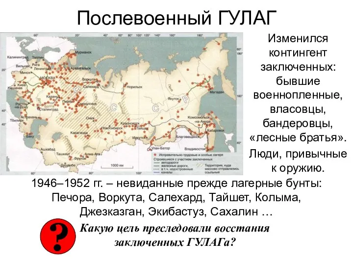 Послевоенный ГУЛАГ Изменился контингент заключенных: бывшие военнопленные, власовцы, бандеровцы, «лесные братья». Люди,