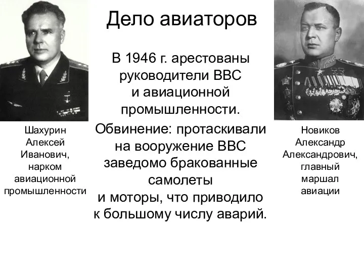 Дело авиаторов В 1946 г. арестованы руководители ВВС и авиационной промышленности. Обвинение: