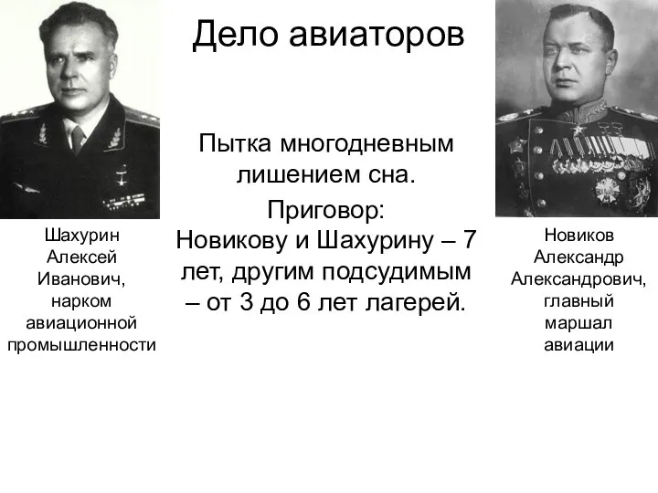 Дело авиаторов Пытка многодневным лишением сна. Приговор: Новикову и Шахурину – 7