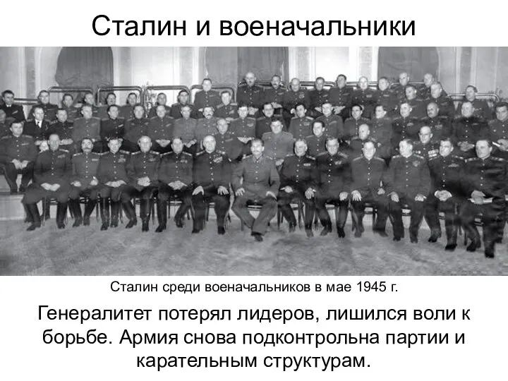 Сталин и военачальники Генералитет потерял лидеров, лишился воли к борьбе. Армия снова