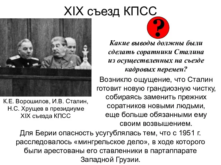 XIX съезд КПСС Какие выводы должны были сделать соратники Сталина из осуществленных