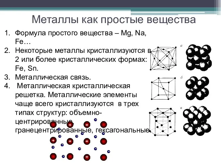 Металлы как простые вещества Формула простого вещества – Mg, Na, Fe… Некоторые