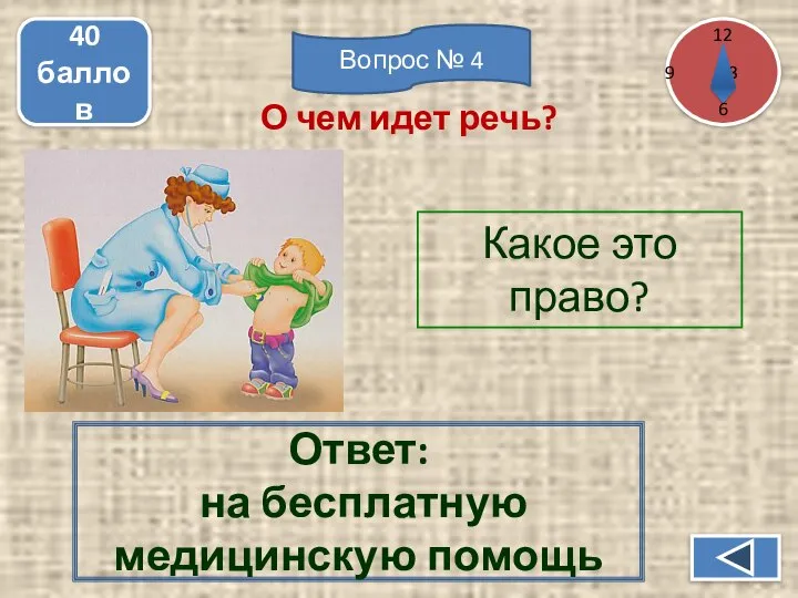 Какое это право? 40 баллов Ответ: на бесплатную медицинскую помощь О чем