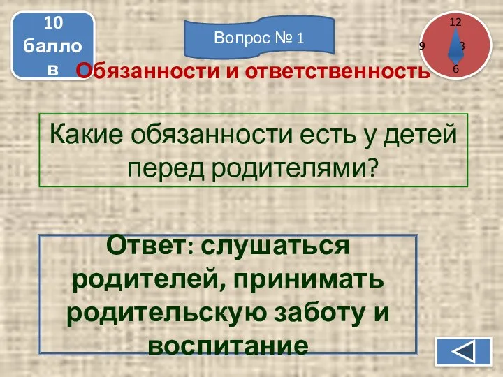 Какие обязанности есть у детей перед родителями? 10 баллов Ответ: слушаться родителей,