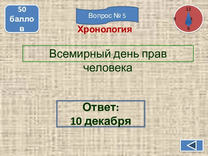 Всемирный день прав человека 50 баллов Ответ: 10 декабря Хронология 12 3 6 Вопрос № 5