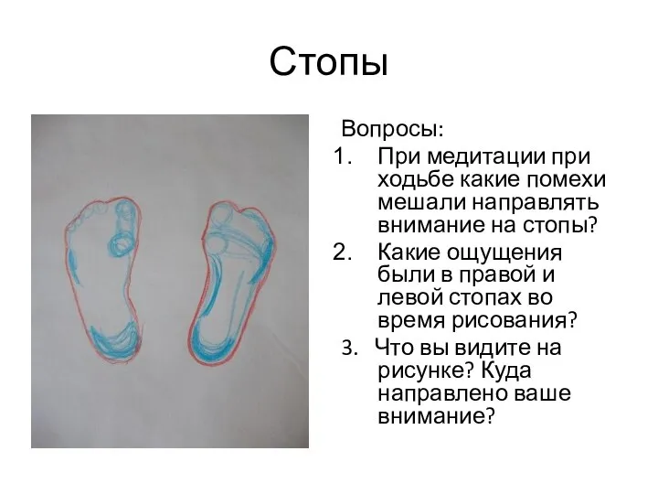 Стопы Вопросы: При медитации при ходьбе какие помехи мешали направлять внимание на