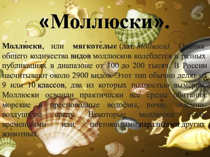 «Моллюски». Моллю́ски, или мягкоте́лые (лат. Mollusca). Оценка общего количества видов моллюсков колеблется