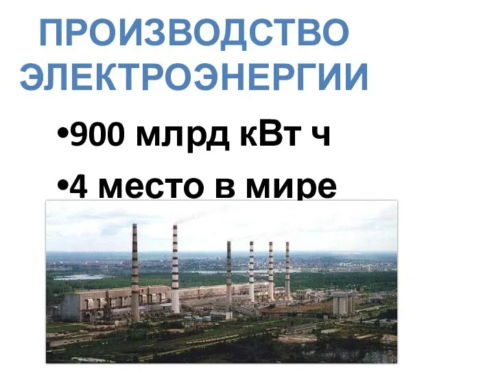 900 млрд кВт ч 4 место в мире ПРОИЗВОДСТВО ЭЛЕКТРОЭНЕРГИИ