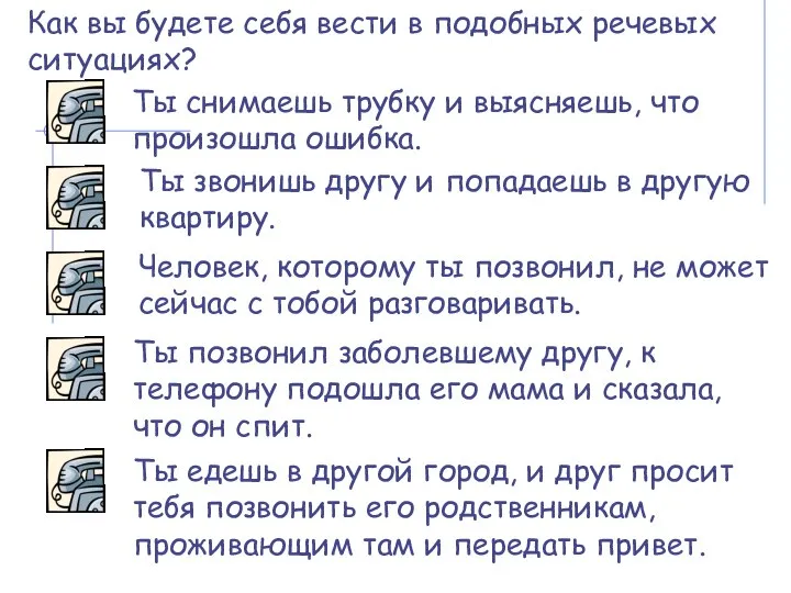 Как вы будете себя вести в подобных речевых ситуациях? Ты снимаешь трубку