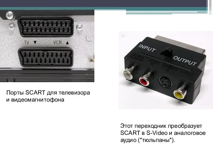 Порты SCART для телевизора и видеомагнитофона Этот переходник преобразует SCART в S-Video и аналоговое аудио ("тюльпаны").