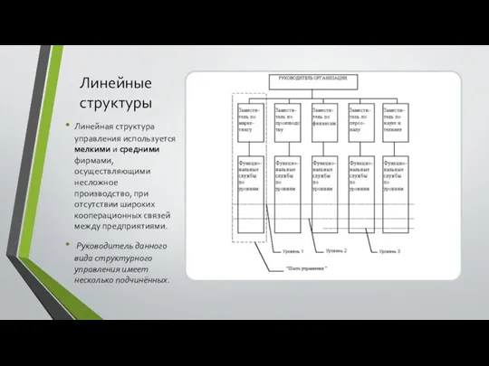 Линейные структуры Линейная структура управления используется мелкими и средними фирмами, осуществляющими несложное