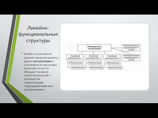 Линейно-функциональные структуры Штабы на нескольких уровнях иерархии должны давать консультации и участвовать