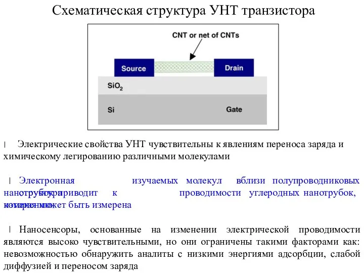 Электрические свойства УНТ чувствительны к явлениям переноса заряда и химическому легированию различными