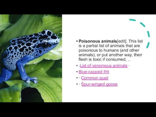 Poisonous animals[edit]. This list is a partial list of animals that are