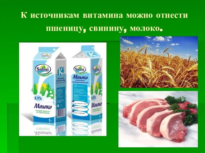 К источникам витамина можно отнести пшеницу, свинину, молоко.