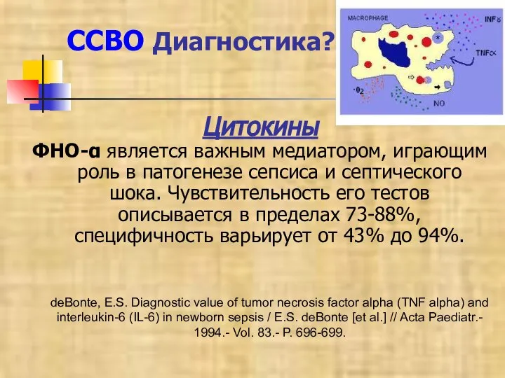 ССВО Диагностика? Цитокины ФНО-α является важным медиатором, играющим роль в патогенезе сепсиса