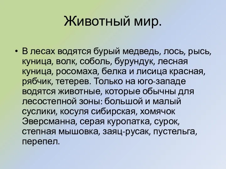 Животный мир. В лесах водятся бурый медведь, лось, рысь, куница, волк, соболь,