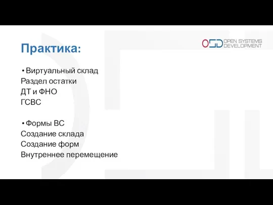 Практика: Виртуальный склад Раздел остатки ДТ и ФНО ГСВС Формы ВС Создание