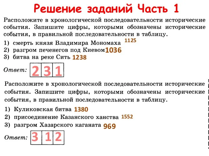 Решение заданий Часть 1 3 1 2 2 3 1 1125 1036 1238 1380 1552 969