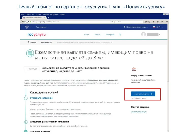 Личный кабинет на портале «Госуслуги». Пункт «Получить услугу»