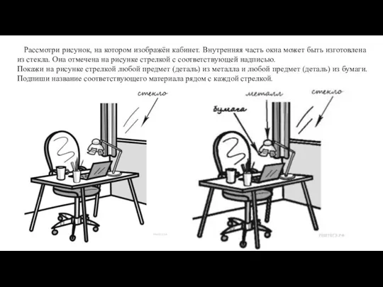 Рассмотри рисунок, на котором изображён кабинет. Внутренняя часть окна может быть изготовлена