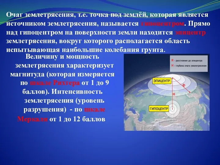 Очаг землетрясения, т.е. точка под землёй, которая является источником землетрясения, называется гипоцентром.