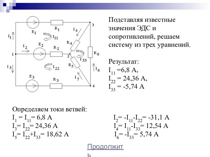 Подставляя известные значения ЭДС и сопротивлений, решаем систему из трех уравнений. Результат: