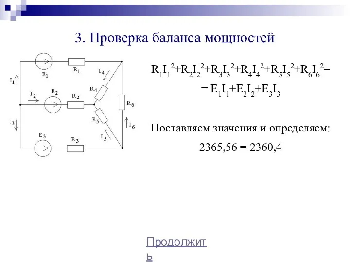 3. Проверка баланса мощностей R1I12+R2I22+R3I32+R4I42+R5I52+R6I62= = E1I1+E2I2+E3I3 Поставляем значения и определяем: 2365,56 = 2360,4 Продолжить