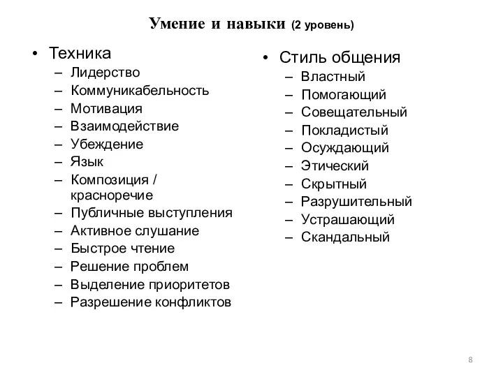 Умение и навыки (2 уровень) Техника Лидерство Коммуникабельность Мотивация Взаимодействие Убеждение Язык