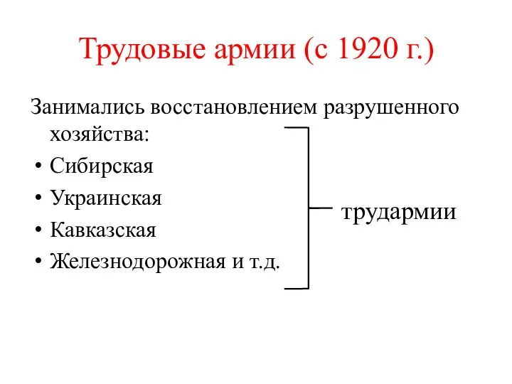 Трудовые армии (с 1920 г.) Занимались восстановлением разрушенного хозяйства: Сибирская Украинская Кавказская Железнодорожная и т.д. трудармии