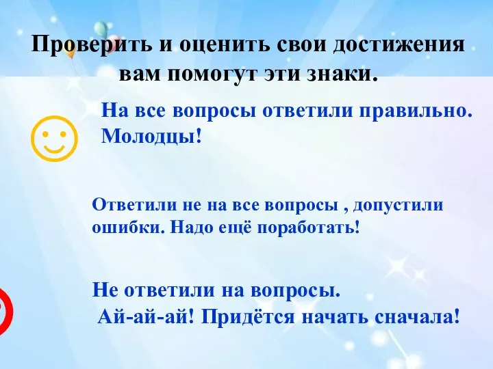 ☺ ? На все вопросы ответили правильно. Молодцы! Ответили не на все