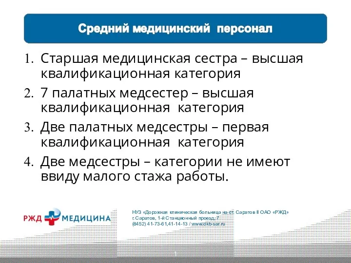 Старшая медицинская сестра – высшая квалификационная категория 7 палатных медсестер – высшая