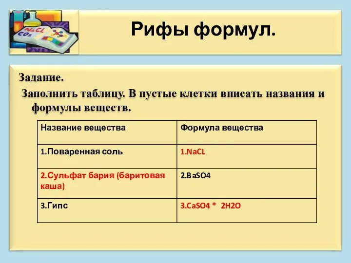 Задание. Заполнить таблицу. В пустые клетки вписать названия и формулы веществ. Рифы формул.