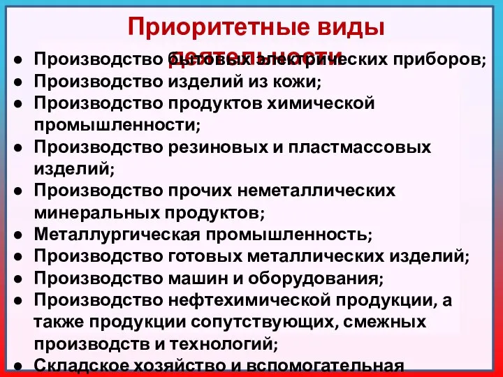 Приоритетные виды деятельности Производство бытовых электрических приборов; Производство изделий из кожи; Производство